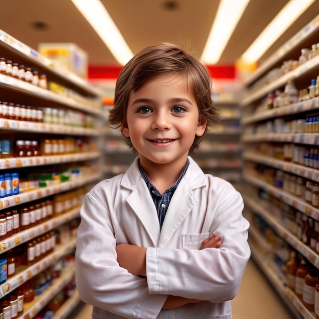 Jonge kinderapotheker die glimlachend en zelfverzekerd in de apotheek werkt