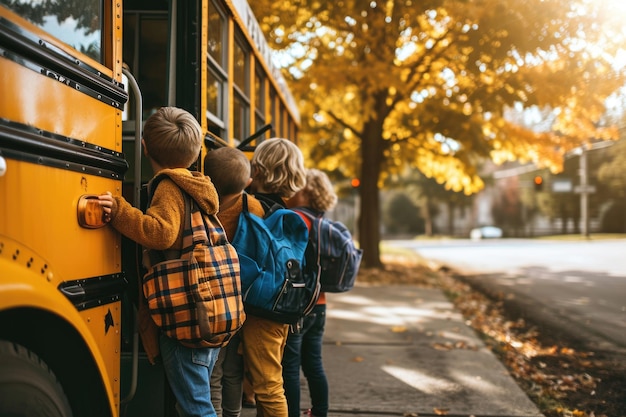Foto jonge kinderen aan boord van de schoolbus