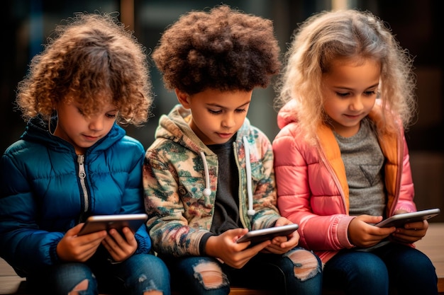 Foto jonge kinderen die comfortabel digitale apparaten zoals tablets gebruiken, digital natives concept ai generatief