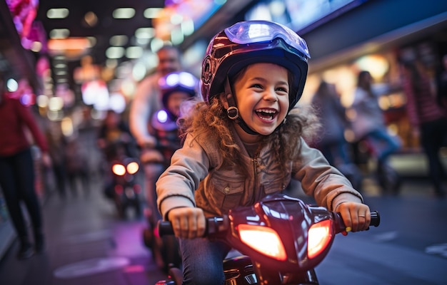 Jonge kinderen in de neonlichten arcade die plezier hebben met een motorfietsspel