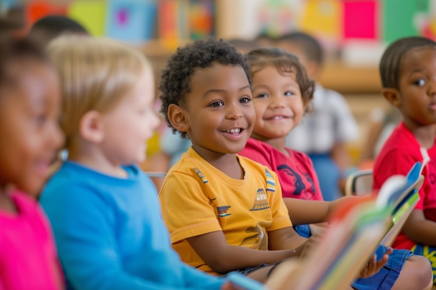 Foto jonge kinderen leren samen lezen in een levendige kleuterschool