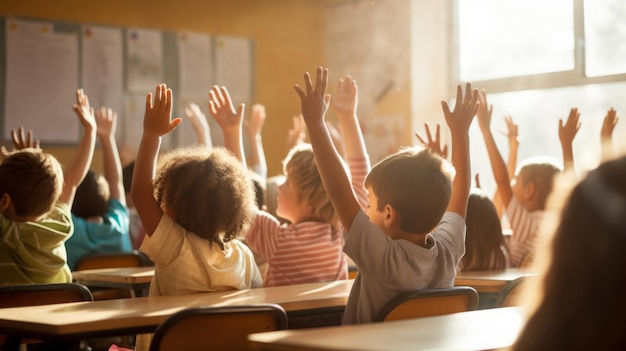 Foto jonge kinderen steken hun handen op in de klas