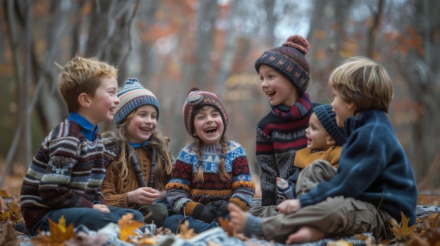 Jonge kinderen zitten gelukkig op een torenhoge stapel kleurrijke herfstbladeren en glimlachen en spelen