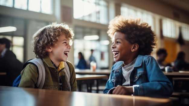 Jonge kinderen zitten in de schoolkantine Gemaakt met generatieve AI-technologie