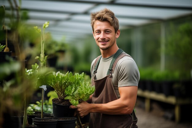 Jonge knappe blonde man buiten met planten in de hand