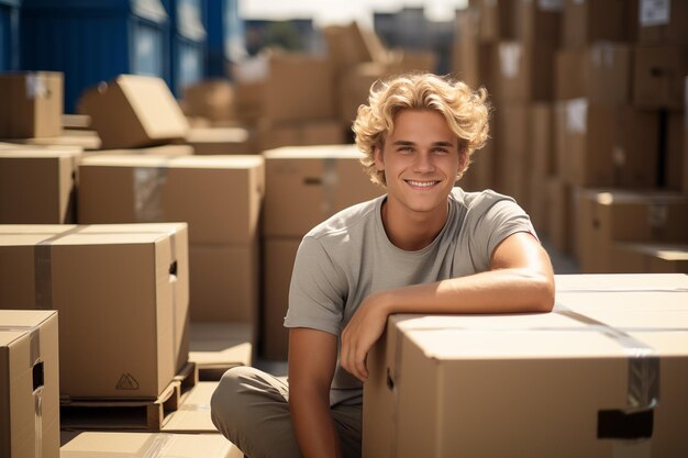 Jonge knappe blonde man buiten tussen de dozen.