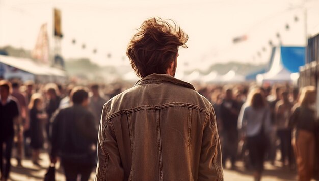 Jonge knappe feestjongen Mensen op muziekfestival in de zomer achteraanzicht grote groep op feest met dj zomer nachtleven disco club buiten leuk jeugdentertainment feestelijk concept mannelijk achteraanzicht