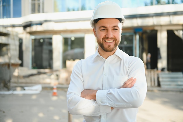 Jonge knappe man constructor in witte veiligheidshelm. Portret close-up