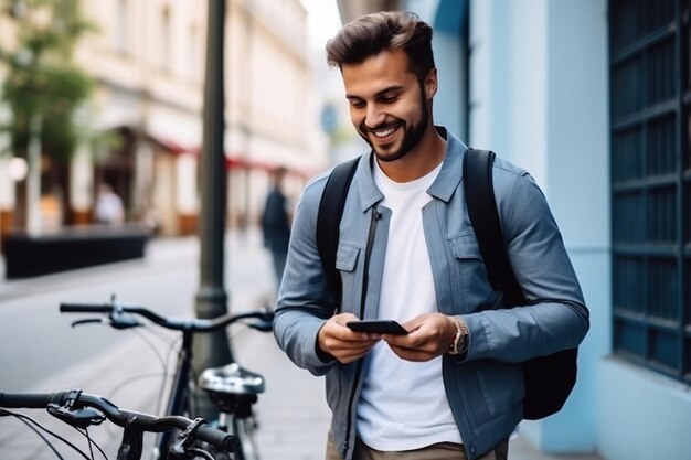 Jonge knappe man lopen met fiets en smartphone in een stad Glimlachende studentenmannen met fiets glimlachend en mobiele telefoon vasthouden Moderne levensstijl verbinding reizen casual bedrijfsconcept