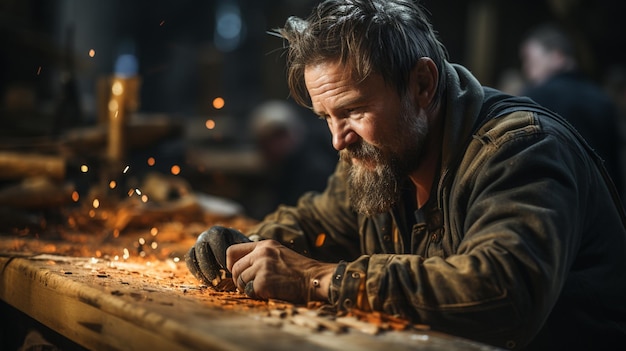 jonge knappe timmerman in een werkplaats