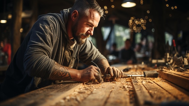 Foto jonge knappe timmerman in een werkplaats