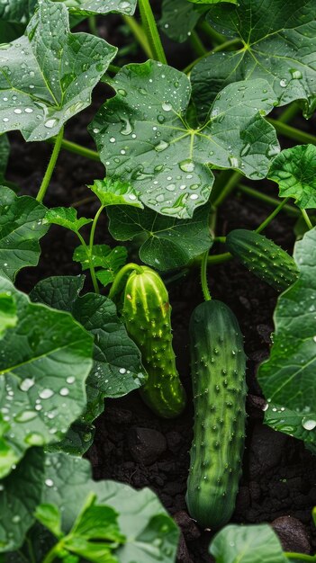 Foto jonge komkommers kijken door dauwbedekte bladeren in een weelderige tuin, een symbool van natuurlijke groei en gezonde producten