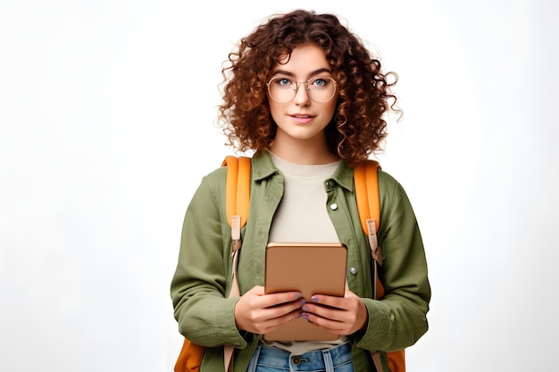 Jonge krullende studentenvrouw die glazen en rugzak draagt die boeken en tablet over geïsoleerd wit houdt