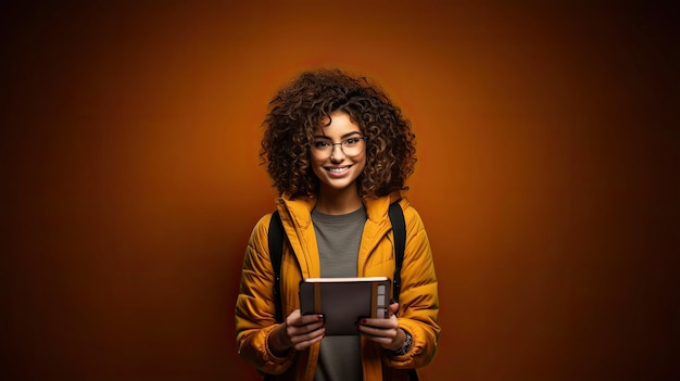 Jonge krullende studentenvrouw die rugzakglazen draagt die boeken en tablet houdt