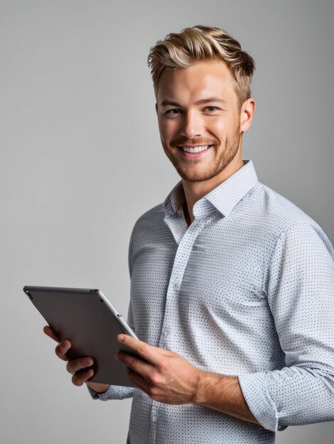 Foto jonge, lachende, aantrekkelijke, baarde man met een tablet.