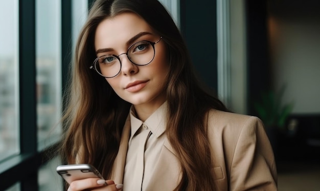 Foto jonge lachende brunette zakenvrouw in glazen met lang haar in stijlvol beige pak met smartphone in moderne kantoor generatieve ai