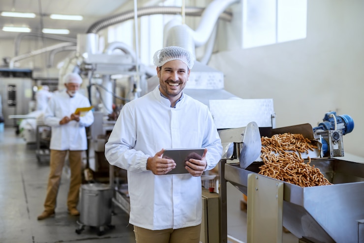 Foto jonge lachende manager in steriele uniforme tablet vasthouden en camera kijken terwijl hij in voedselfabriek staat.