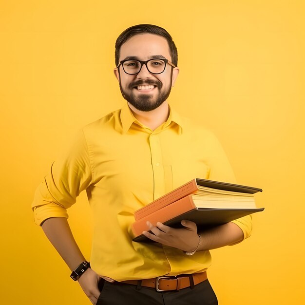 Jonge lachende moderne man of mannelijke leraar met boeken geïsoleerd op gele achtergrond