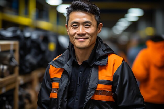 Foto jonge lachende professional in overall en beschermende helm die voor de camera staat in het groot