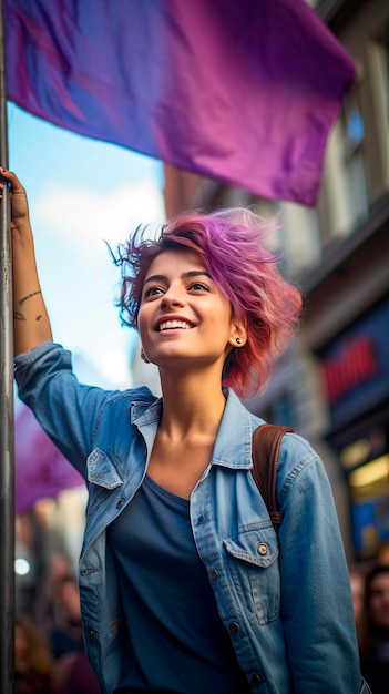 Jonge Latijns-vrouw die de gelijkheidsvlag opheft in een protest buitenshuis 8m concept Generatieve AI