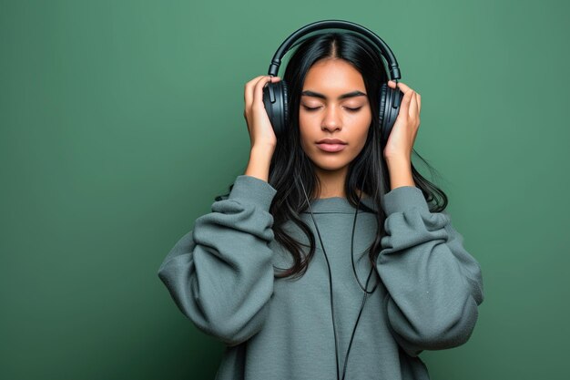 Foto jonge latijnse vrouw met koptelefoon op een groene achtergrond die naar haar favoriete muziek luistert