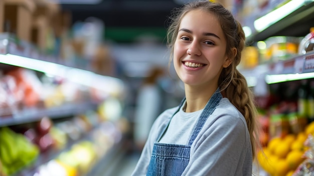 Jonge Latijnse winkeliersmeisje met gekruiste armen glimlachend gelukkig in de fruitwinkel.