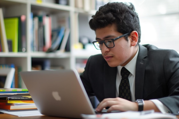 Jonge Latijnse zakenman in een pak kijkt naar een laptop.