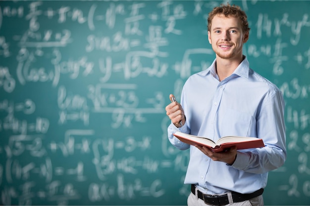 Jonge leraar dichtbij schoolbord in schoolklas