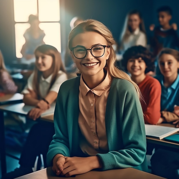 Jonge leraar glimlacht zoet voor schoolklas