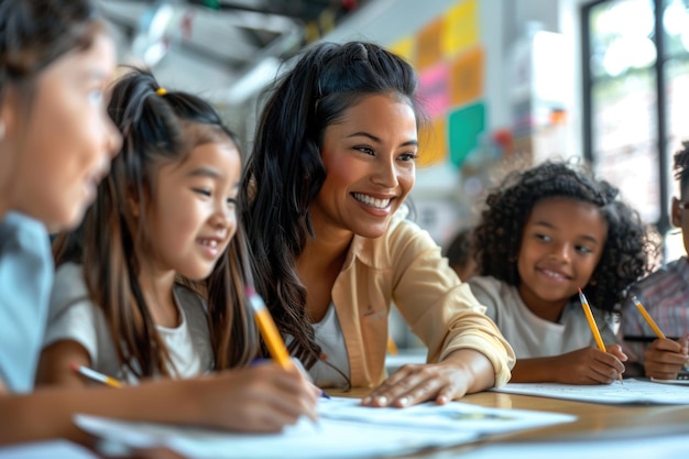 Jonge lerares en kleine kinderen in de klas die op papier schrijven of tekenen