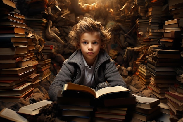 Jonge lezer omringd door een berg boeken