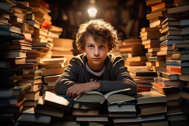 Foto jonge literatuurliefhebber overspoeld door stapels boeken