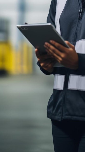 Foto jonge magazijn werknemer vrouw houden mooie tablet en kijken naar tablet en haar medewerker werk op de