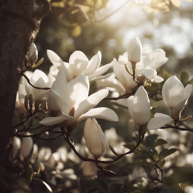 Jonge Magnoliabomen met witte bloesemGegenereerd door AI