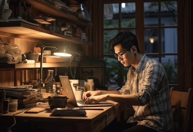 Jonge man aan het werk met laptop thuis