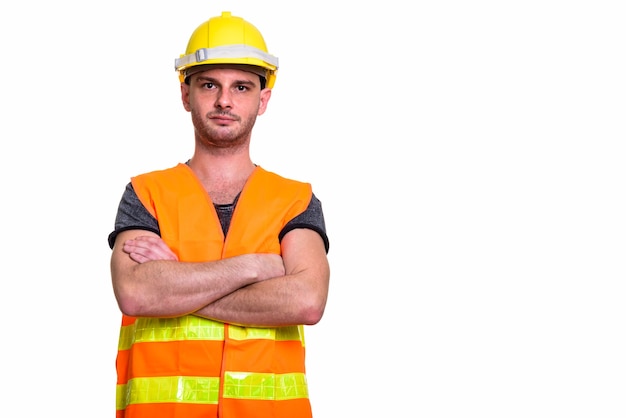 jonge man bouwvakker met gekruiste armen