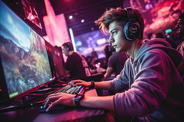 Jonge man die computerspellen speelt in een internetcafé