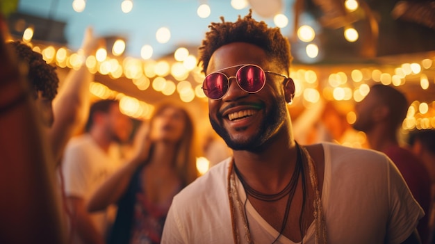 Jonge man die danst op een buitenfeest omringd door vrienden