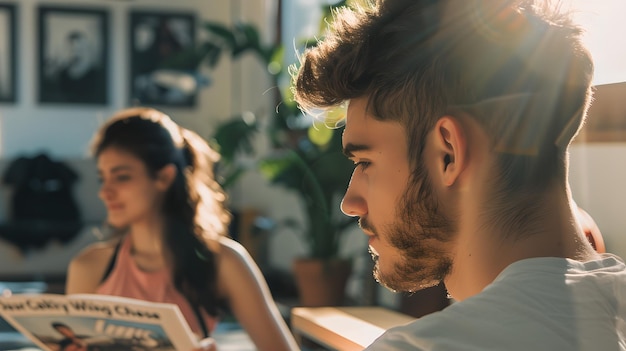 Foto jonge man die een krant leest met focus en interesse vrouw op de achtergrond casual indoor setting met natuurlijk licht lifestyle en vrijetijdsmoment gevangen ai