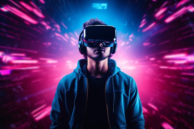 jonge man die een virtual reality headset draagt in het metaversum digitale inheemse toekomst technologie