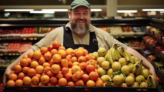 Jonge man die fruit in manden in een grote moderne supermarkt stopt om voedsel te kopen