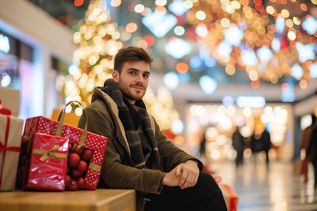 Jonge man die geniet van het winkelen van geschenken in het winkelcentrum.