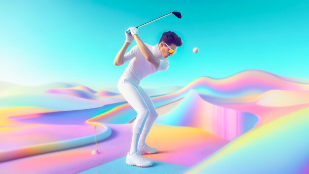 Jonge man die golf speelt in de virtuele ruimte Metaverse sportconcept