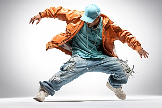 Foto jonge man die hiphop danst geïsoleerd op een witte achtergrond
