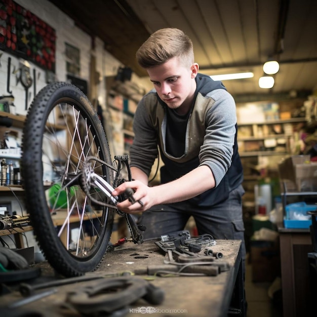 jonge man die in een fietsreparatiewerkplaats werkt