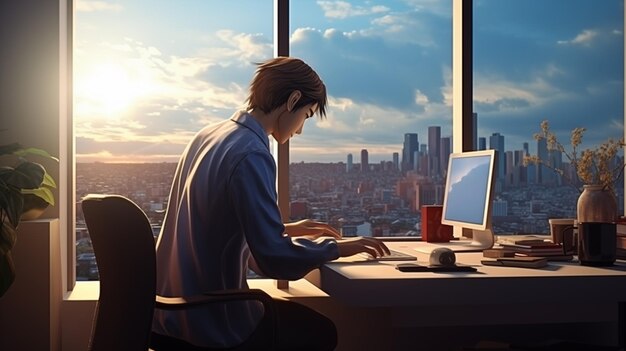 Jonge man die met een computer werkt en in het kantoor zit bij een groot raam met uitzicht op het stadsbeeld