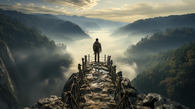 jonge man die op een bergbrug loopt