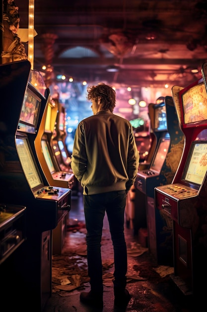 jonge man die op een oude arcade machine speelt