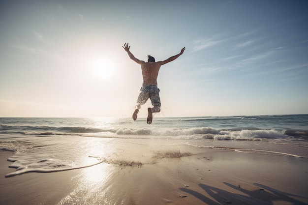 Jonge man die op het strand springt bij zonsondergang Vrijheid en geluk concept Generatieve AI