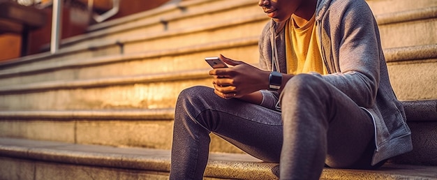 Jonge man die's nachts een mobiele telefoon gebruikt in de stad